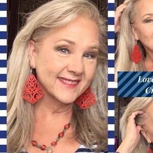 Wood carved light weight red earrings